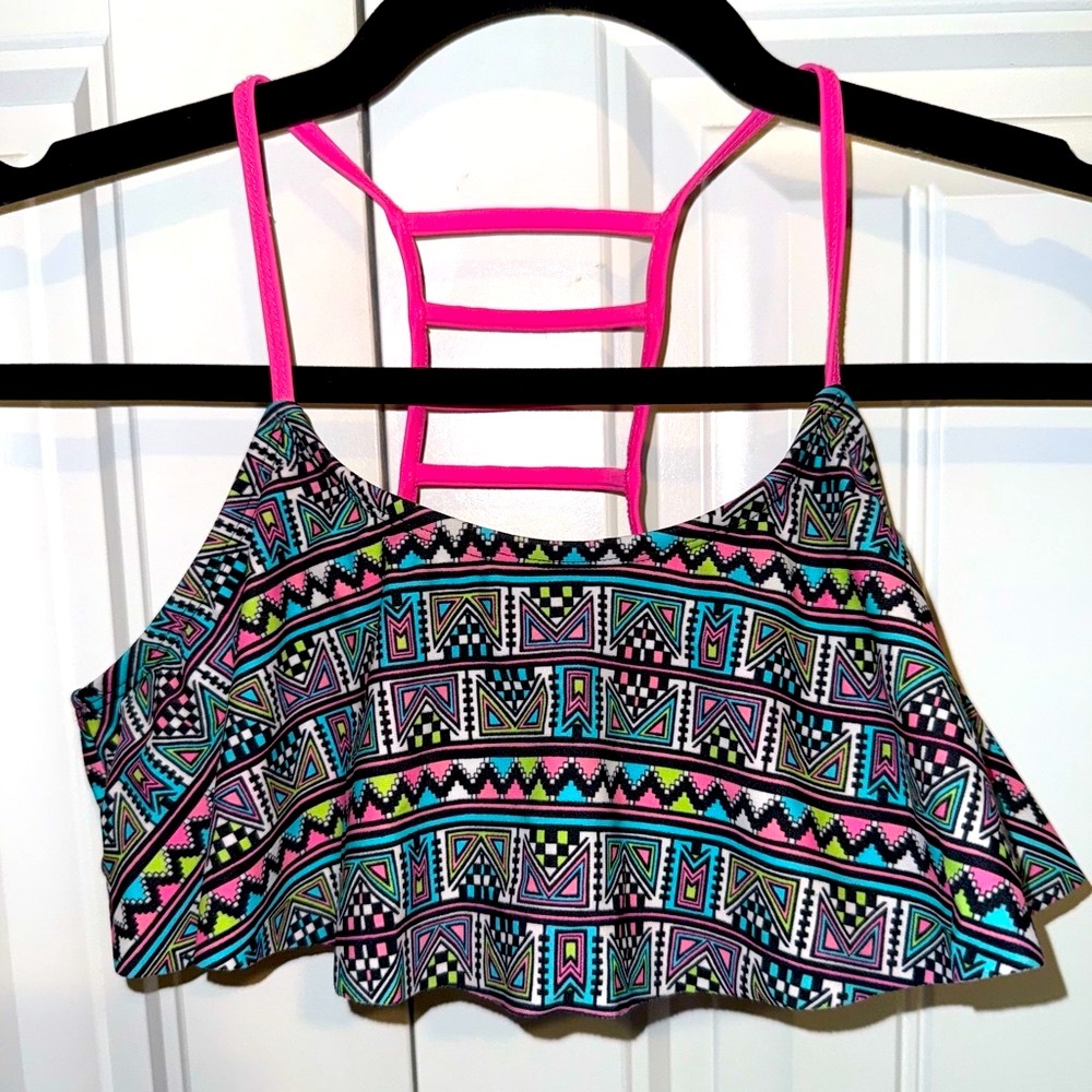 O'rageous Girl’s Swimsuit Bikini Top Pink Black Aztec Print